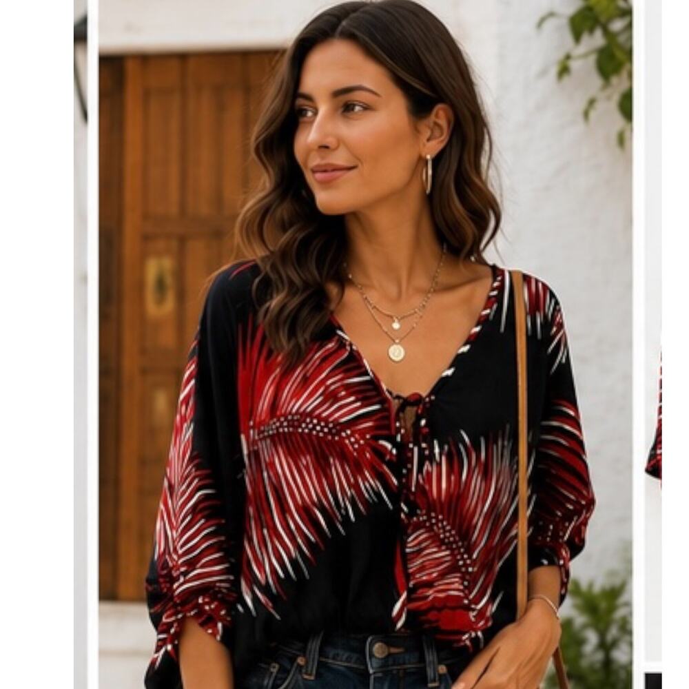 Venti6 Black Red Palm Leaf Print Cotton Blouse NWT Size M Boho Resort Top